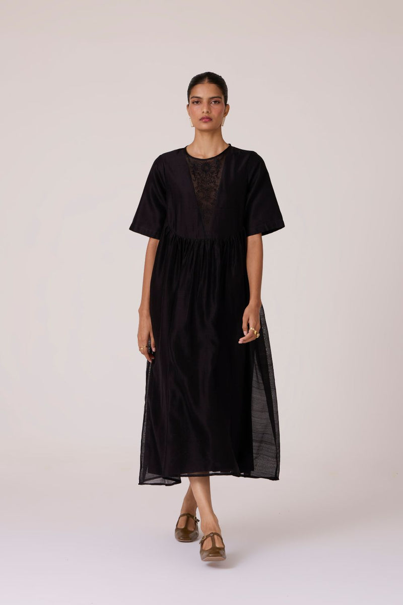 Callisto Black Handwoven Dress chanderi by The Summer House in black color for women Worldwide