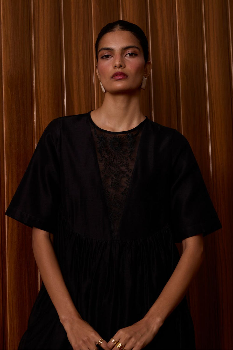 Callisto Black Handwoven Dress chanderi by The Summer House in black color for women Worldwide
