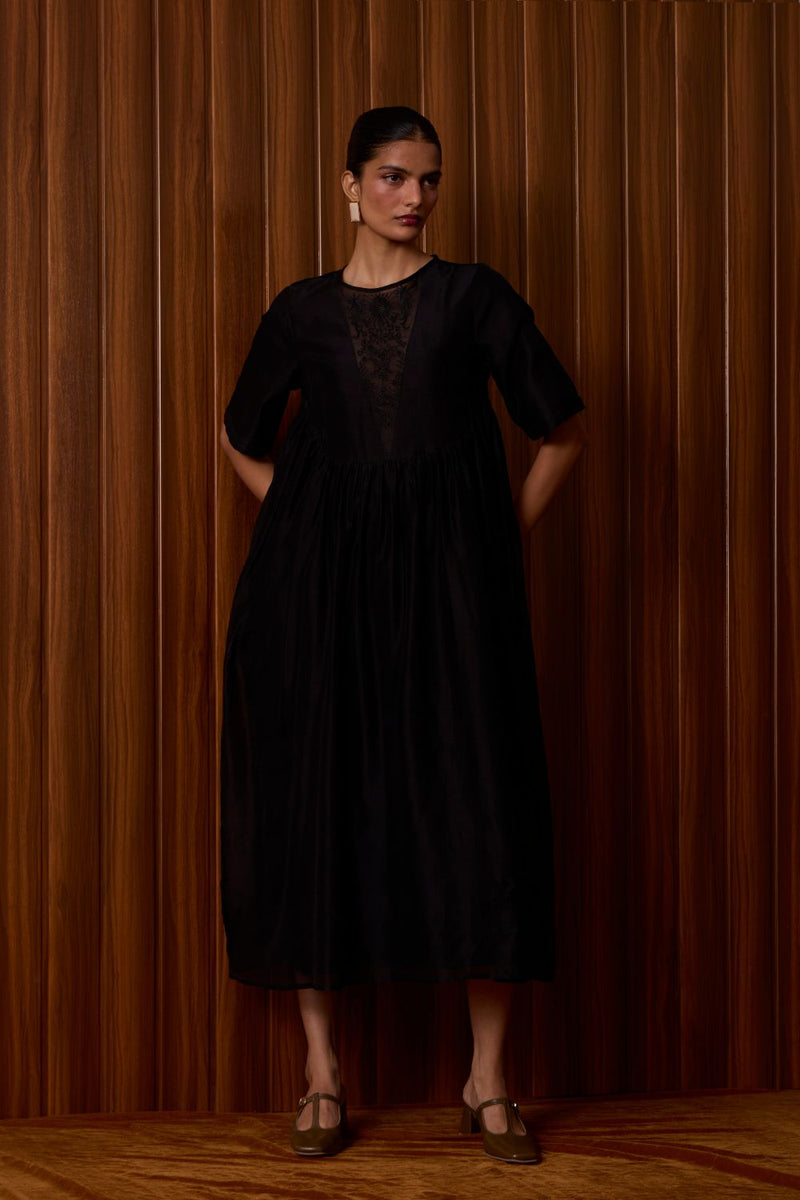 Callisto Black Handwoven Dress chanderi by The Summer House in black color for women Worldwide