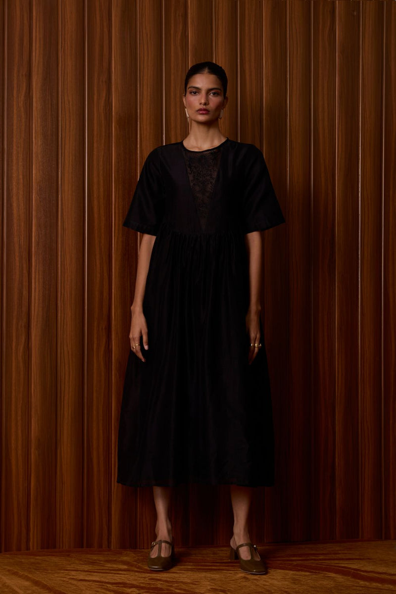 Callisto Black Handwoven Dress chanderi by The Summer House in black color for women Worldwide