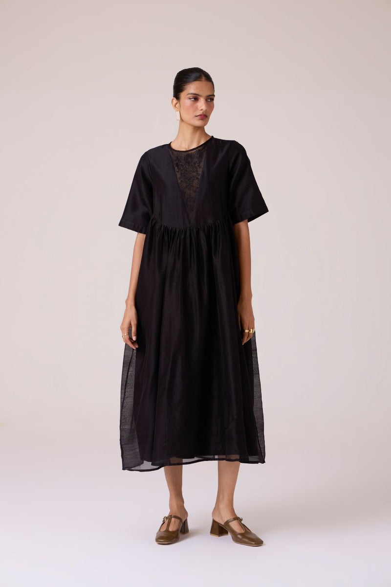 Callisto Black Handwoven Dress chanderi by The Summer House in black color for women Worldwide