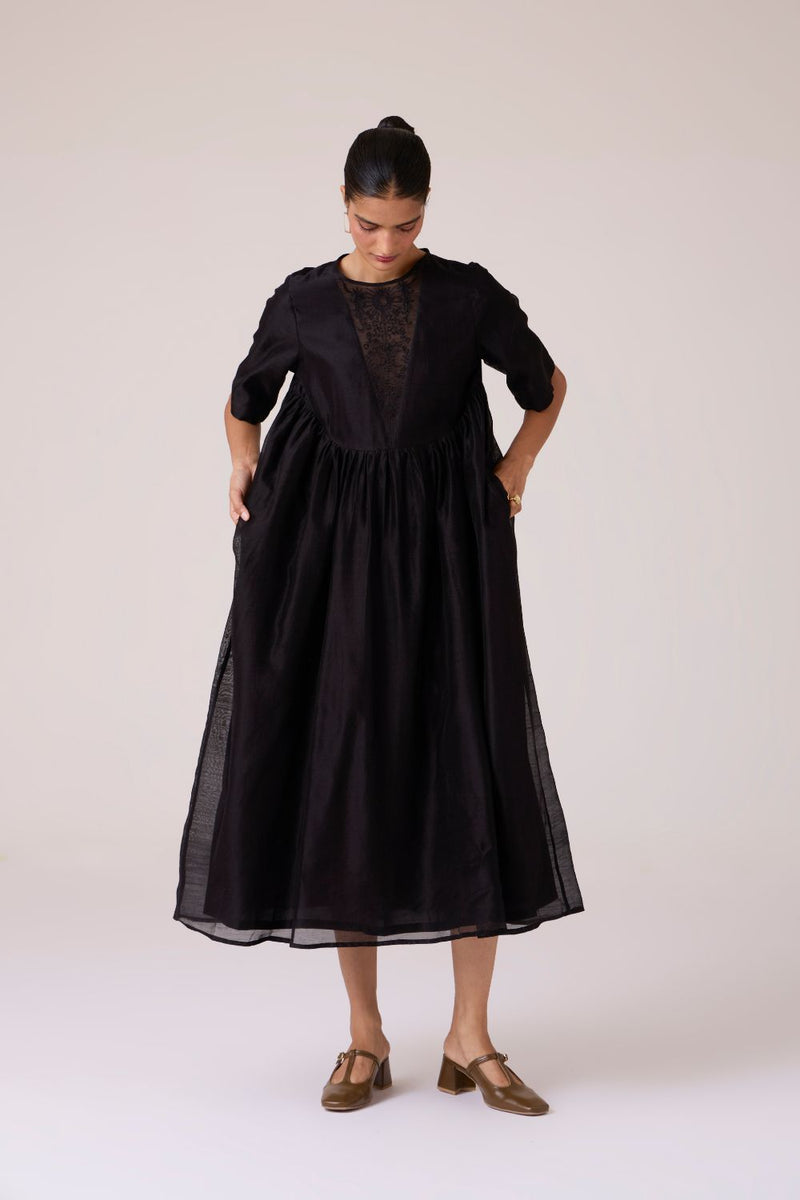 Callisto Black Handwoven Dress chanderi by The Summer House in black color for women Worldwide