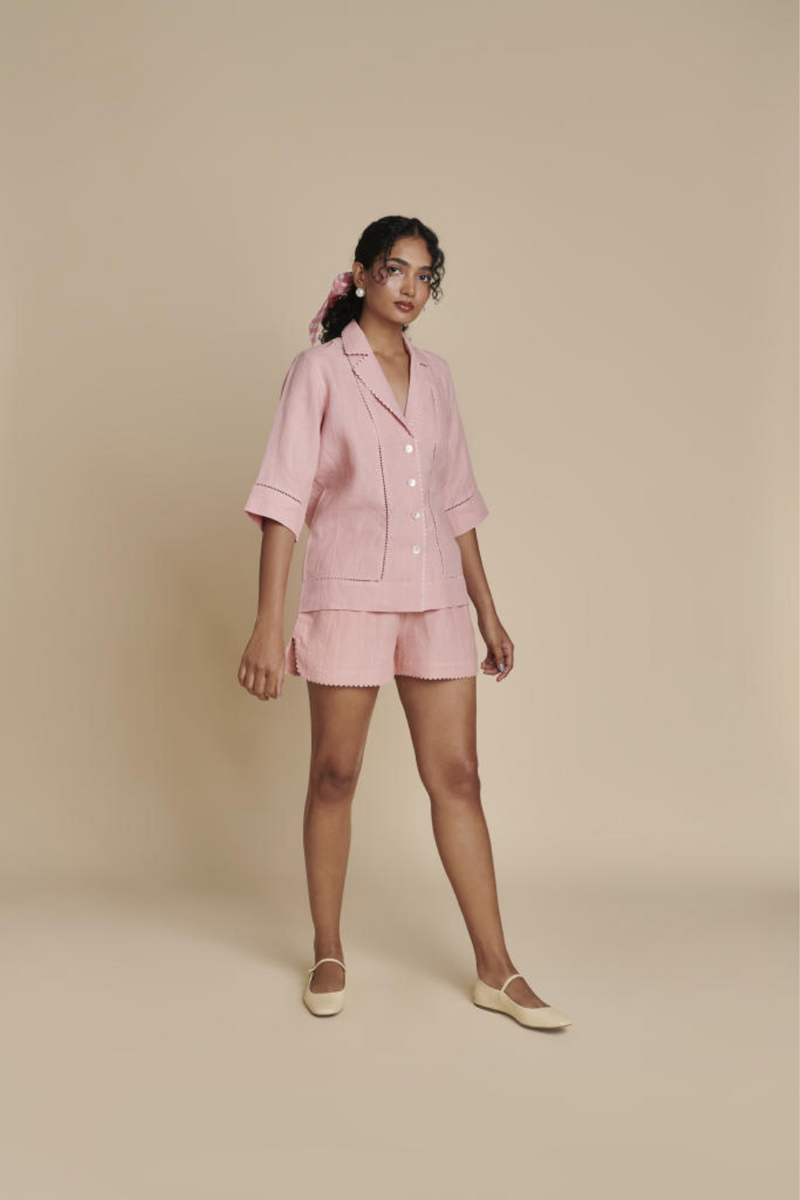 Candy Floss Linen Lapel Collar Shirt Set linen by Saphed in pink color for women Worldwide