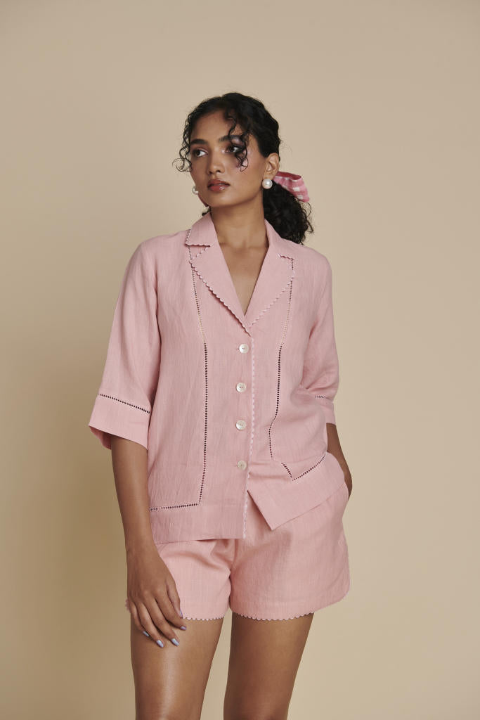Candy Floss Linen Lapel Collar Shirt Set linen by Saphed in pink color for women Worldwide