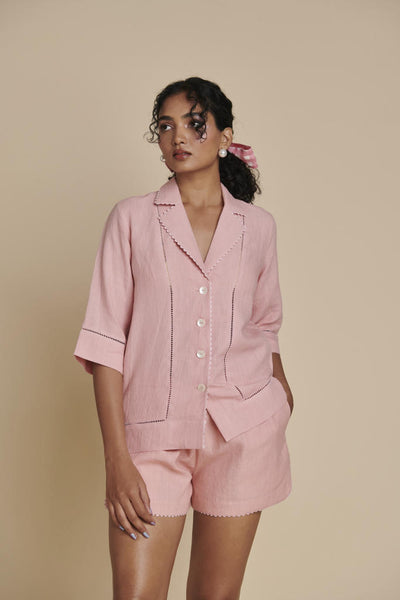 Candy Floss Linen Lapel Collar Shirt Set