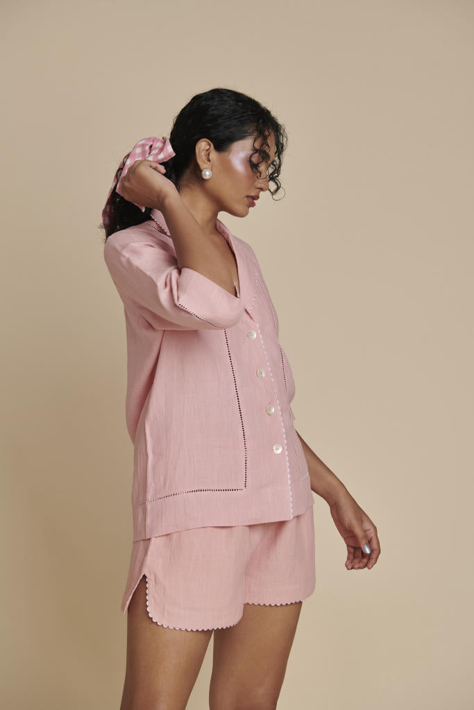 Candy Floss Linen Lapel Collar Shirt Set linen by Saphed in pink color for women Worldwide
