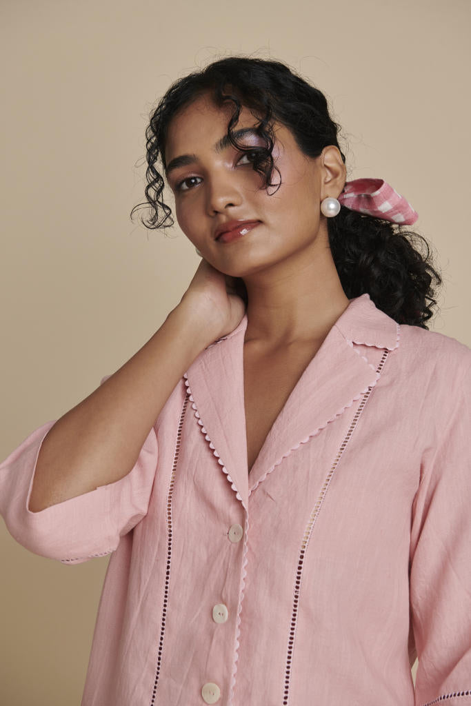 Candy Floss Linen Lapel Collar Shirt Set linen by Saphed in pink color for women Worldwide