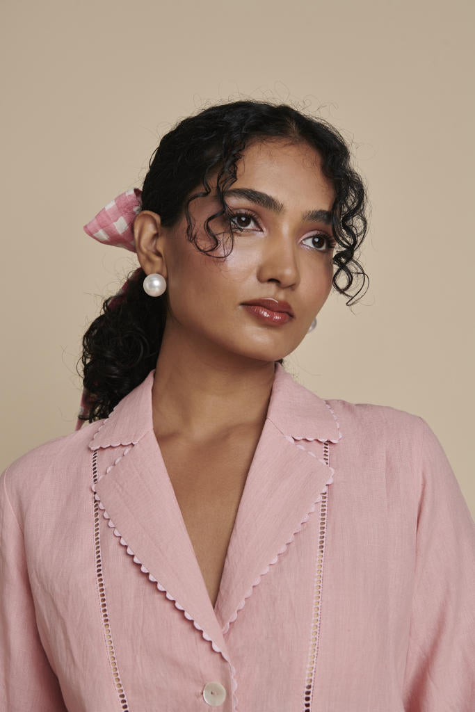 Candy Floss Linen Lapel Collar Shirt Set linen by Saphed in pink color for women Worldwide