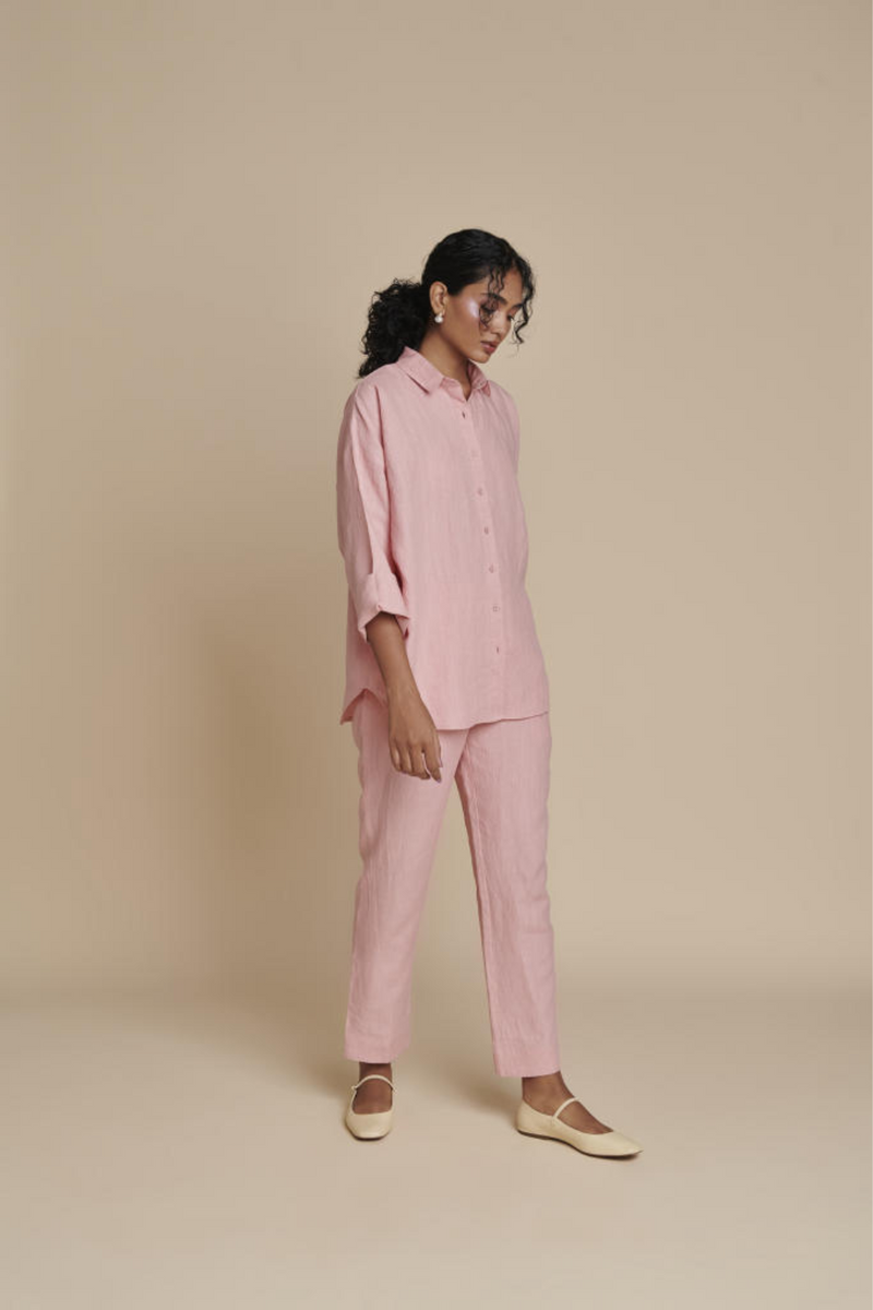 Candy Floss Linen Oversized Flared Shirt linen by Saphed in pink color for women Worldwide