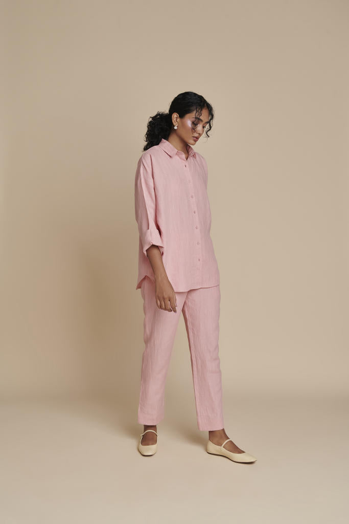 Candy Floss Linen Oversized Flared Shirt Set linen by Saphed in pink color for women Worldwide