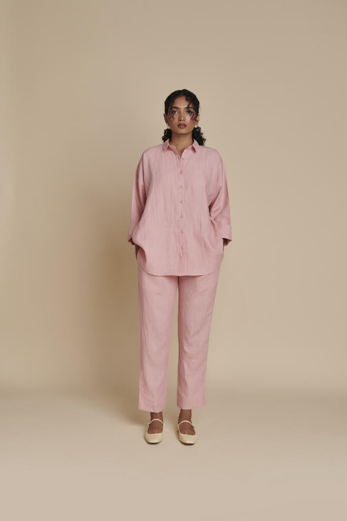 Candy Floss Linen Oversized Flared Shirt Set linen by Saphed in pink color for women Worldwide