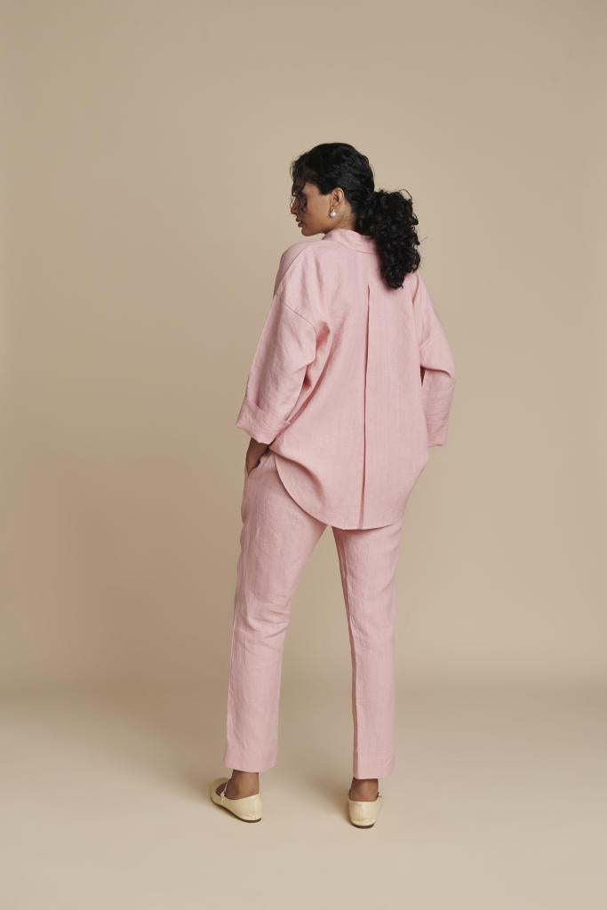 Candy Floss Linen Oversized Flared Shirt Set linen by Saphed in pink color for women Worldwide