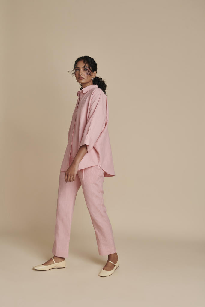 Candy Floss Linen Oversized Flared Shirt linen by Saphed in pink color for women Worldwide