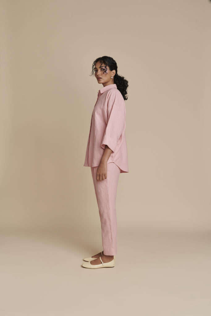 Candy Floss Linen Oversized Flared Shirt linen by Saphed in pink color for women Worldwide