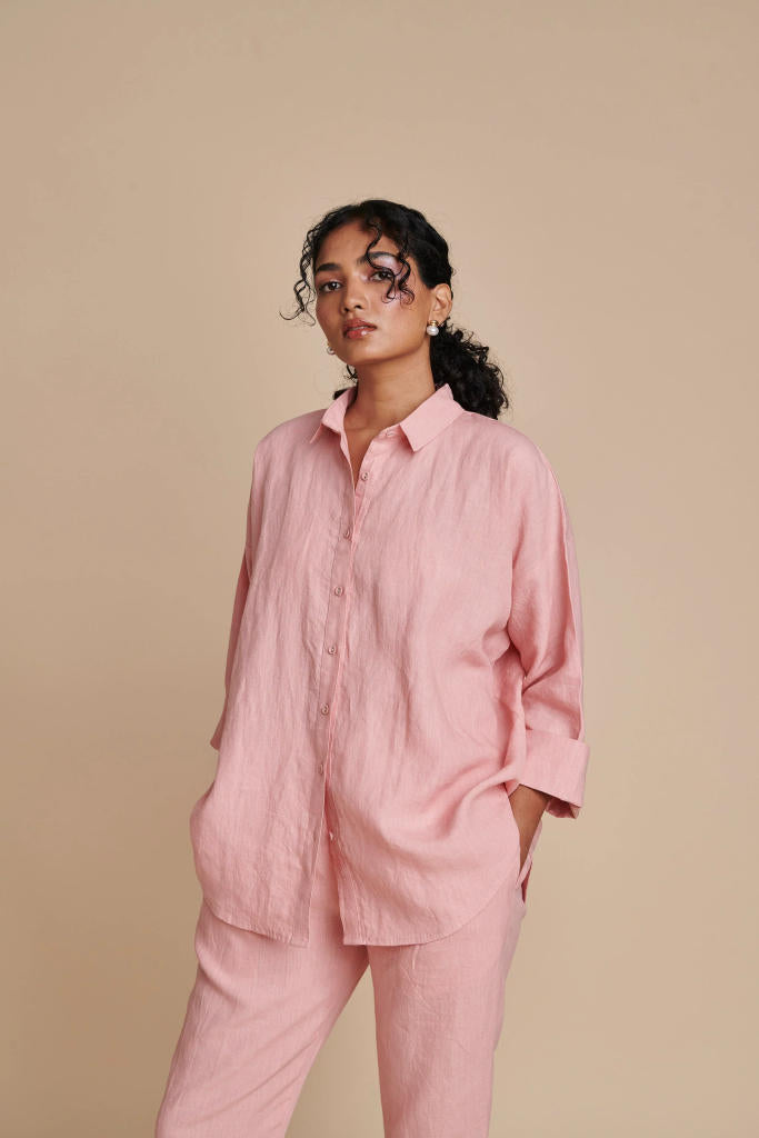 Candy Floss Linen Pleated Pants linen by Saphed in pink color for women Worldwide