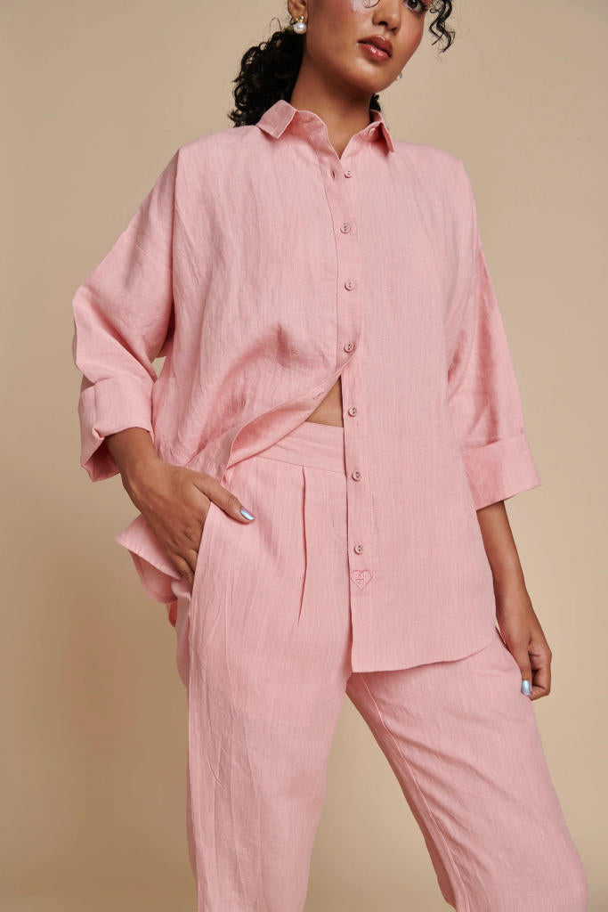 Candy Floss Linen Pleated Pants linen by Saphed in pink color for women Worldwide