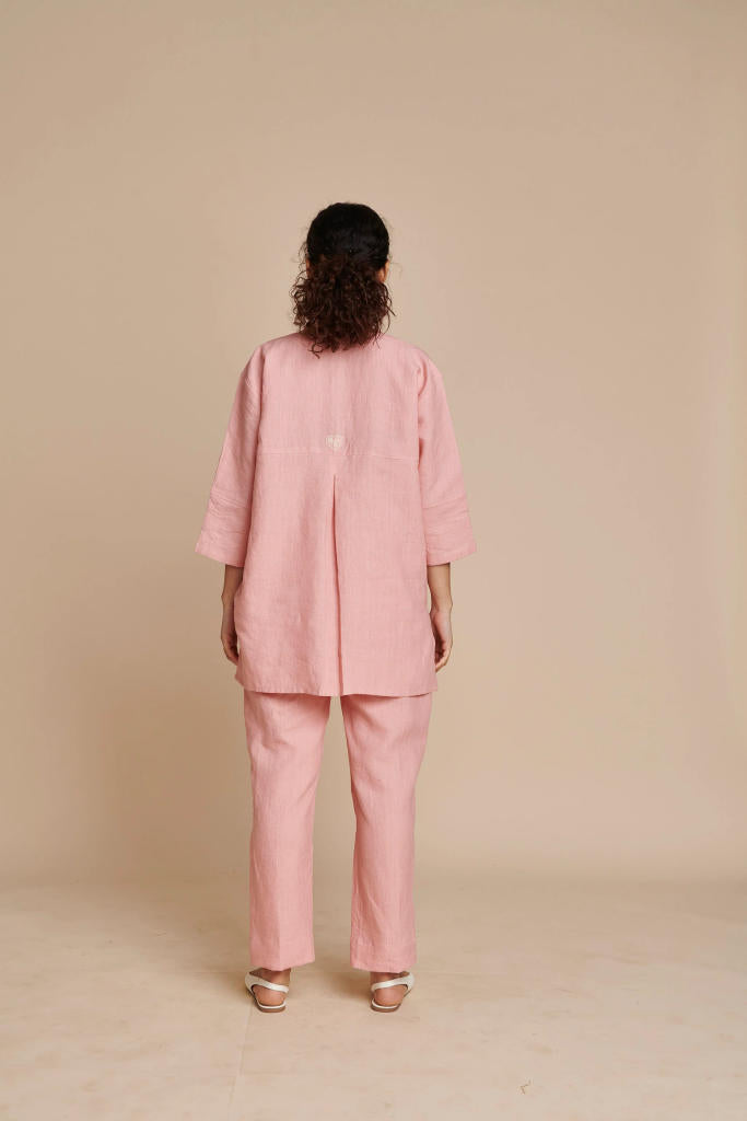 Candy Floss Linen Short Kurta Set linen by Saphed in pink color for women Worldwide