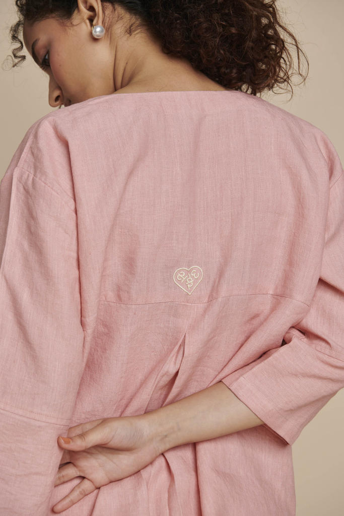 Candy Floss Linen Short Kurta Set linen by Saphed in pink color for women Worldwide