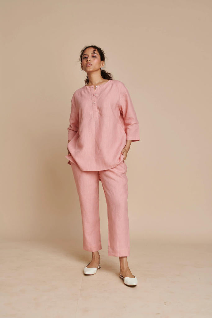 Candy Floss Linen Short Kurta Set linen by Saphed in pink color for women Worldwide