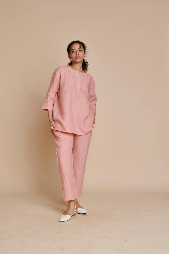 Candy Floss Linen Short Kurta linen by Saphed in pink color for women Worldwide