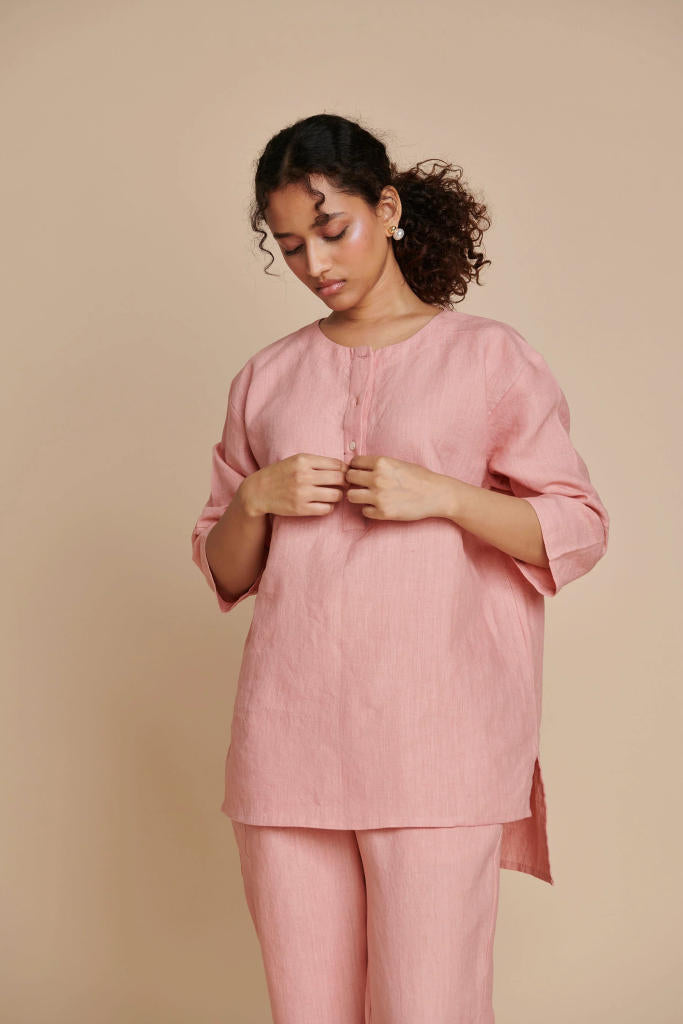 Candy Floss Linen Short Kurta linen by Saphed in pink color for women Worldwide