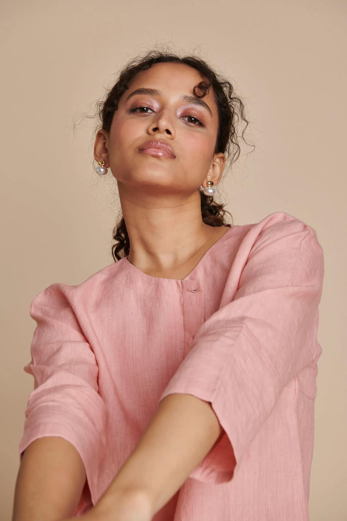 Candy Floss Linen Short Kurta linen by Saphed in pink color for women Worldwide
