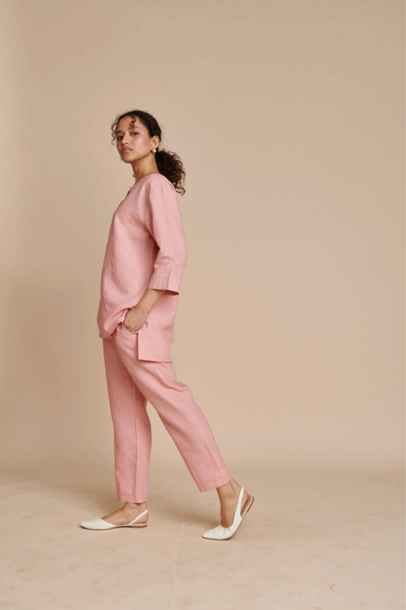 Candy Floss Linen Short Kurta Set linen by Saphed in pink color for women Worldwide