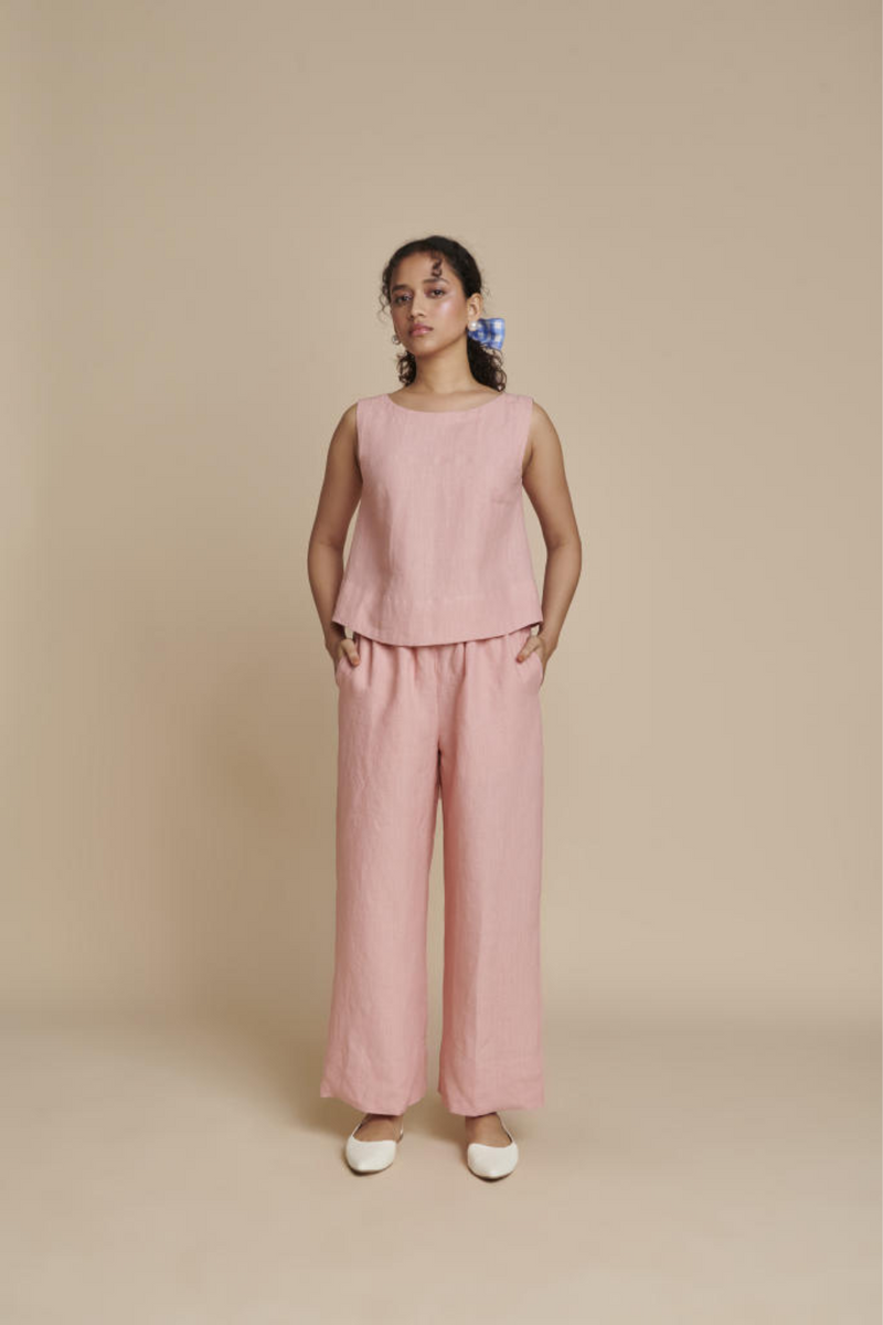 Candy Floss Linen Sleeveless Top & Pyjama Set linen by Saphed in pink color for women Worldwide