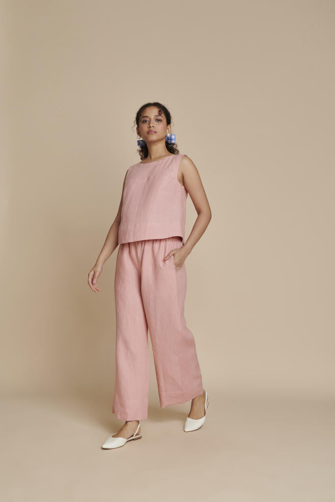 Candy Floss Linen Sleeveless Top & Pyjama Set linen by Saphed in pink color for women Worldwide