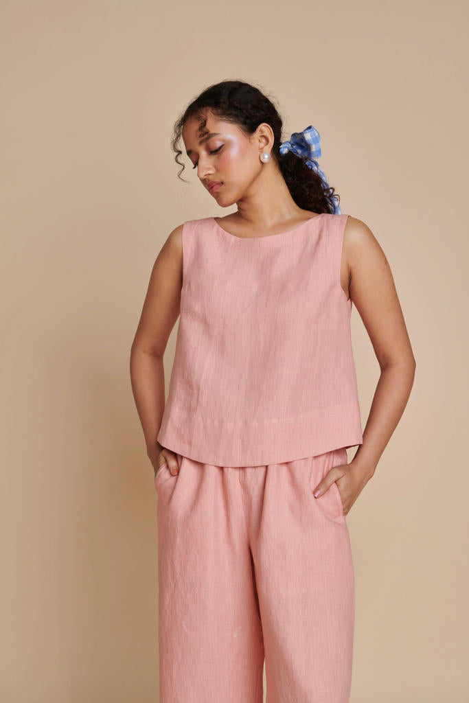 Candy Floss Linen Sleeveless Top & Pyjama Set linen by Saphed in pink color for women Worldwide