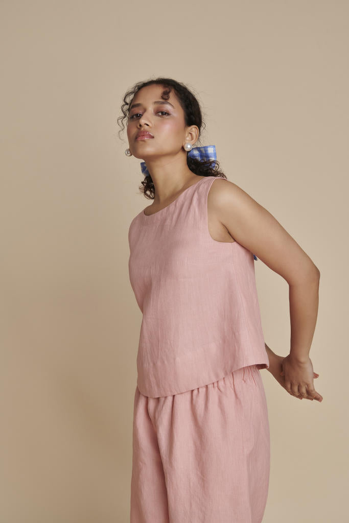 Candy Floss Linen Sleeveless Top & Pyjama Set linen by Saphed in pink color for women Worldwide