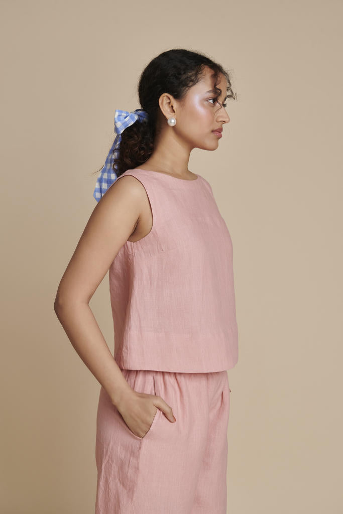 Candy Floss Linen Sleeveless Top & Pyjama Set linen by Saphed in pink color for women Worldwide