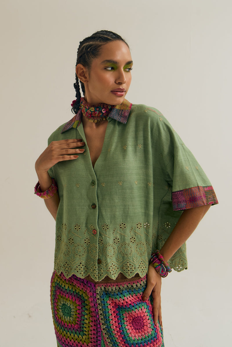 Hibiscus Top handloom cotton,silk top/shirt by Capisvirleo in green for women Worldwide