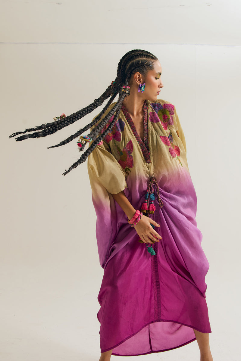 Cherry-Blossom Kaftan habutai silk tunics/kaftan by Capisvirleo in olive for women Worldwide