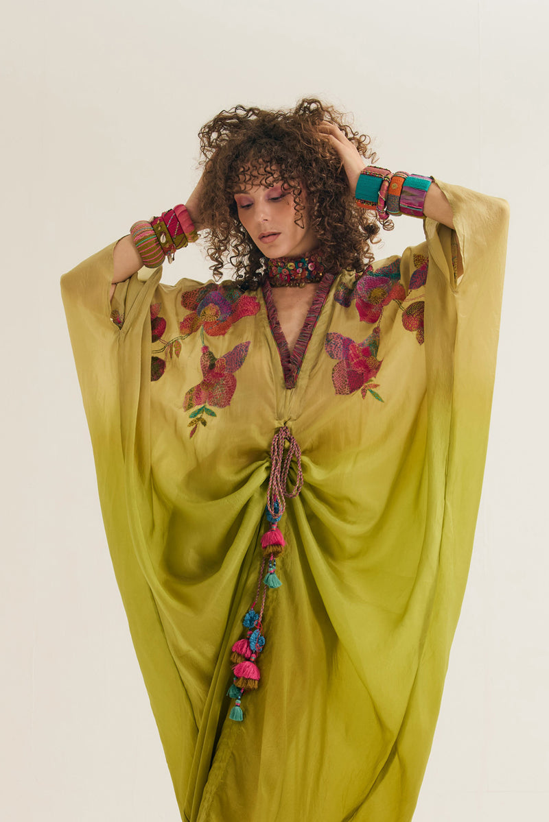 Cherry-Blossom Kaftan habutai silk tunics/kaftan by Capisvirleo in olive for women Worldwide