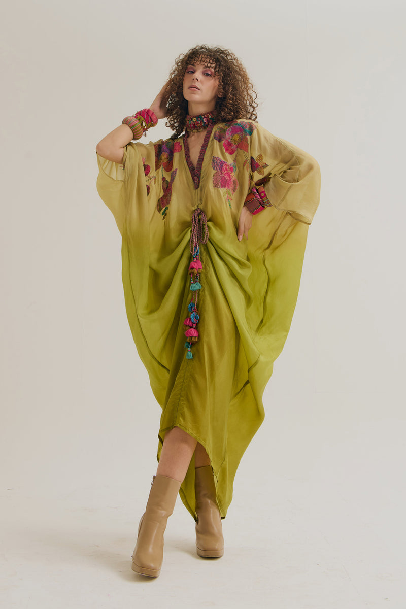 Cherry-Blossom Kaftan habutai silk tunics/kaftan by Capisvirleo in olive for women Worldwide