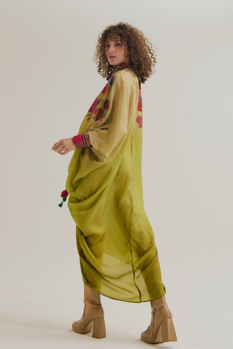 Cherry-Blossom Kaftan habutai silk tunics/kaftan by Capisvirleo in olive for women Worldwide