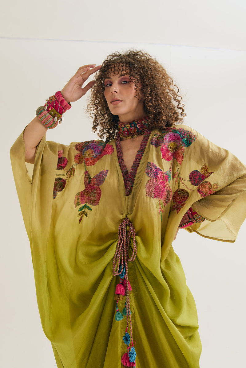 Cherry-Blossom Kaftan habutai silk tunics/kaftan by Capisvirleo in olive for women Worldwide