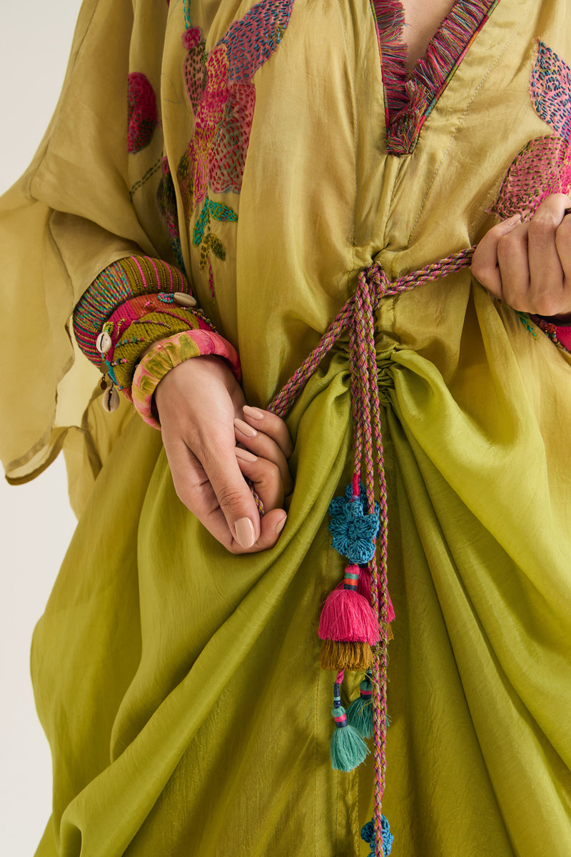 Cherry-Blossom Kaftan habutai silk tunics/kaftan by Capisvirleo in olive for women Worldwide