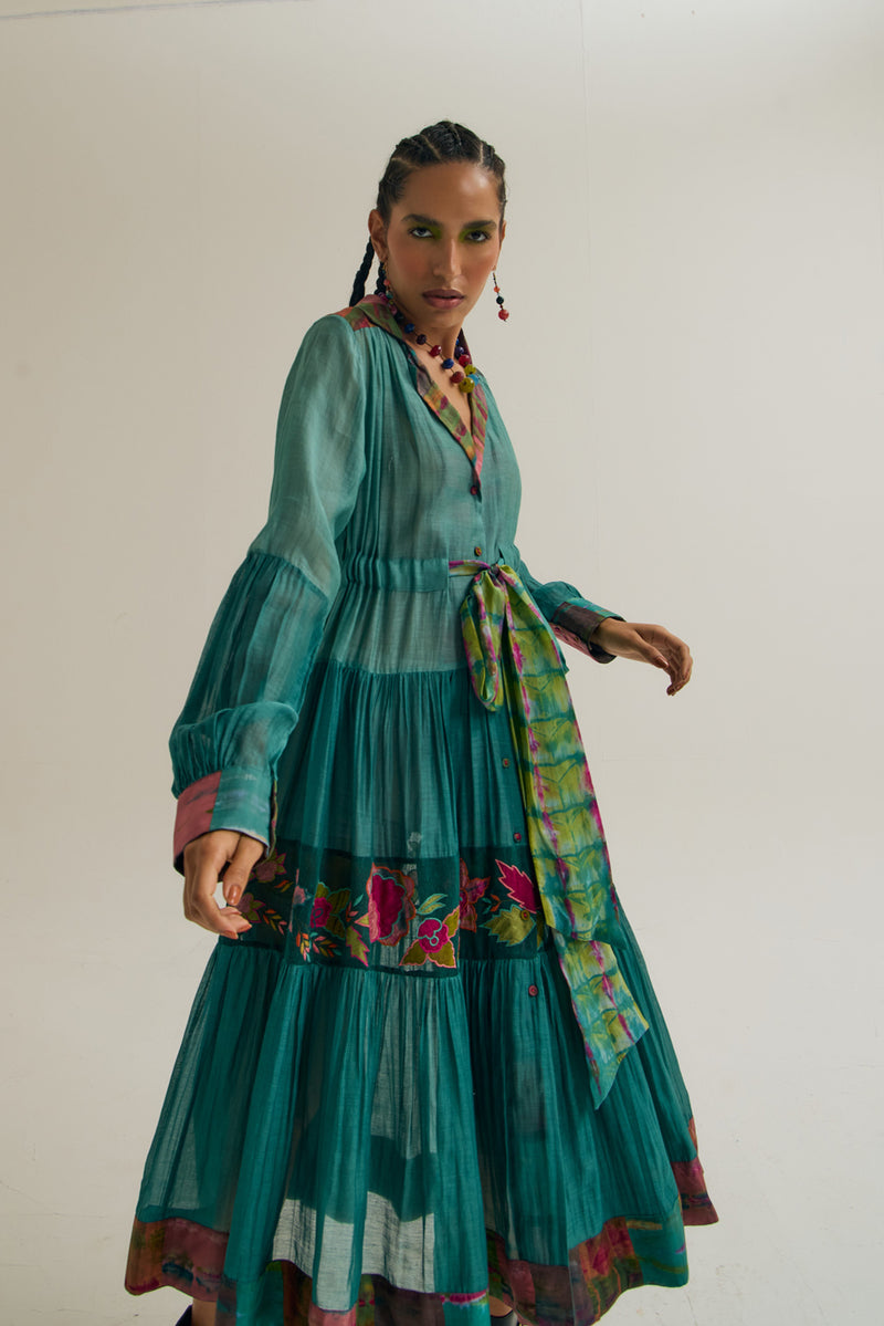 Wistiria Dress chanderi silk dress by Capisvirleo in teal for women Worldwide