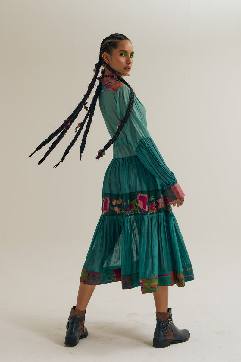 Wistiria Dress chanderi silk dress by Capisvirleo in teal for women Worldwide