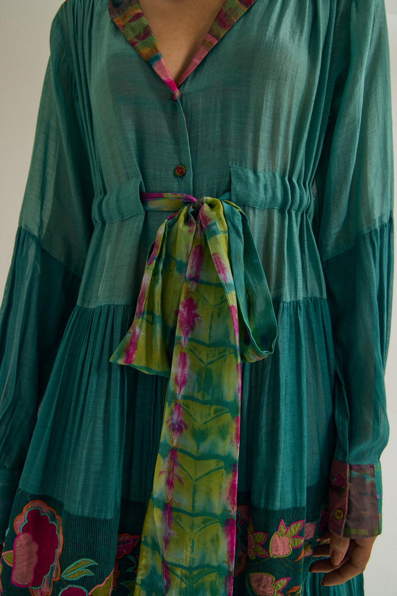 Wistiria Dress chanderi silk dress by Capisvirleo in teal for women Worldwide