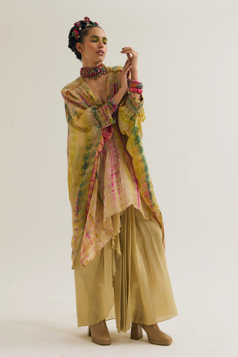 Gulmohar-Marigold Set habutai silk,cotton silk co-ord set by Capisvirleo in yellow for women Worldwide