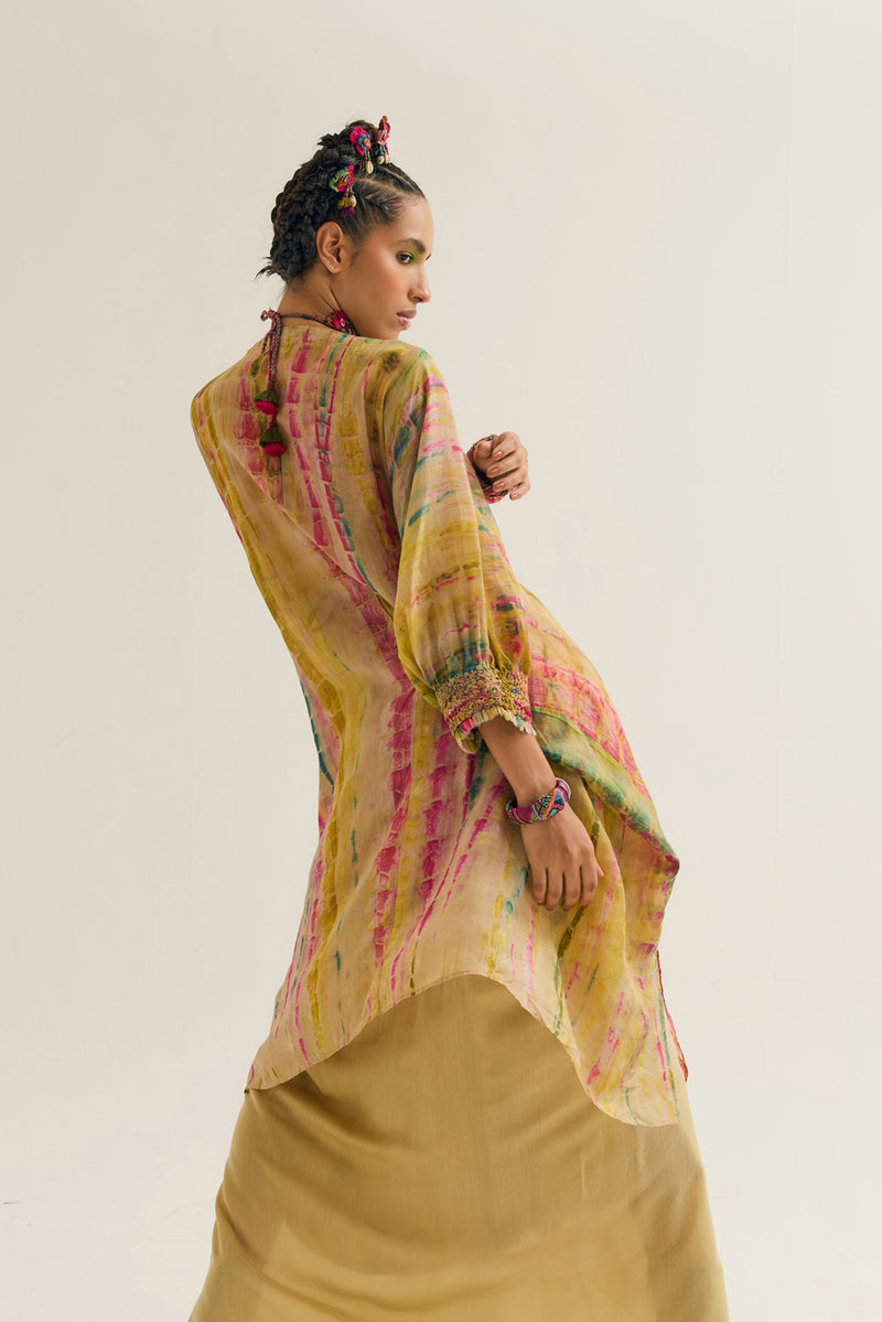 Gulmohar-Marigold Set habutai silk,cotton silk co-ord set by Capisvirleo in yellow for women Worldwide