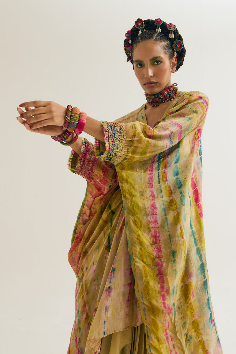 Gulmohar-Marigold Set habutai silk,cotton silk co-ord set by Capisvirleo in yellow for women Worldwide