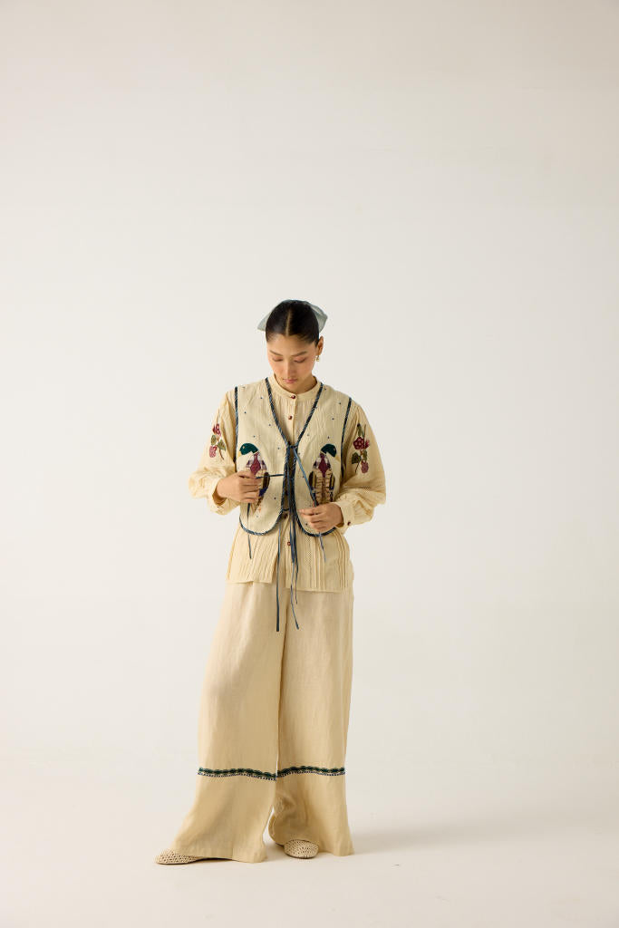 CARA SET-IVORY (HAZEL TOP+JANET GILLET+APPLIQUE PANTS') cotton by CORD in multi for women Worldwide