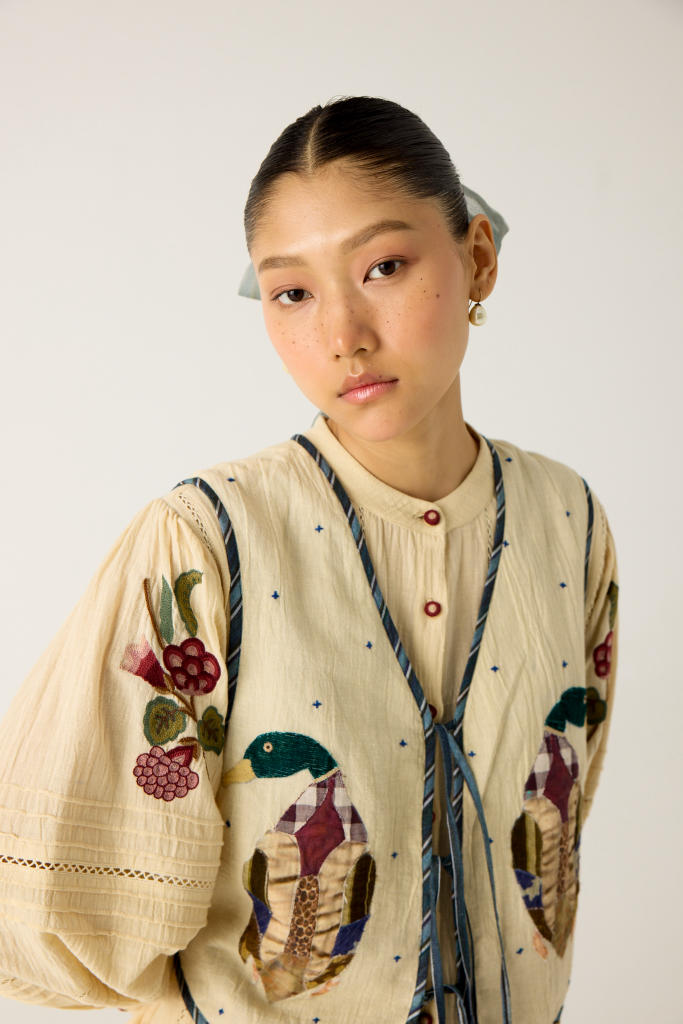 CARA SET-IVORY (HAZEL TOP+JANET GILLET+APPLIQUE PANTS') cotton by CORD in multi for women Worldwide