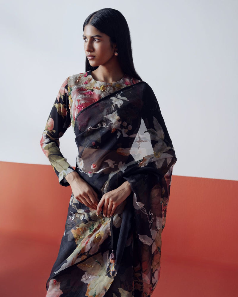 Carmine Embroidered Blouse by YAM in black color for women Worldwide