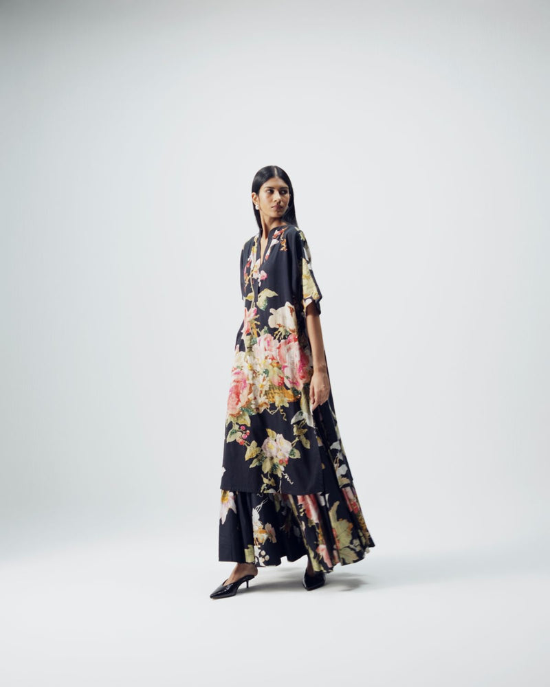 Carmine Embroidered Kurta & Skirt Set satin by YAM in black color for women Worldwide