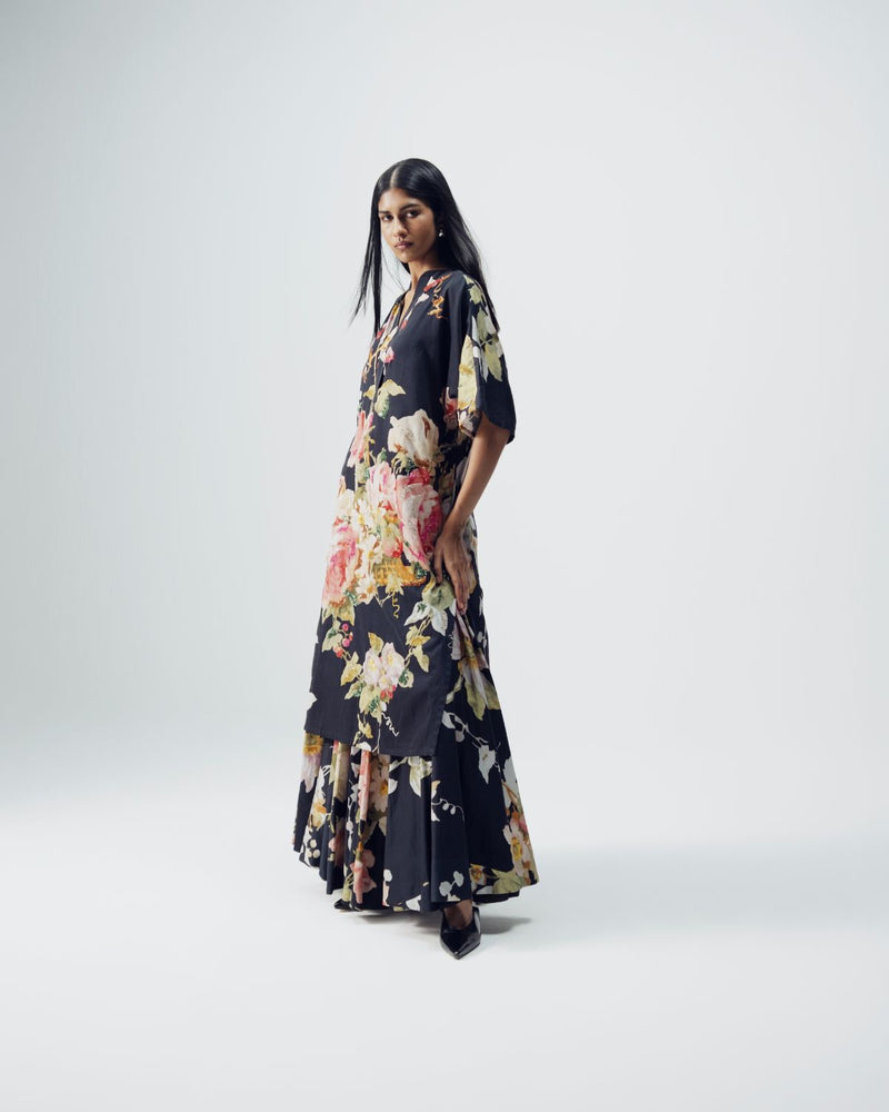 Carmine Embroidered Kurta & Skirt Set satin by YAM in black color for women Worldwide